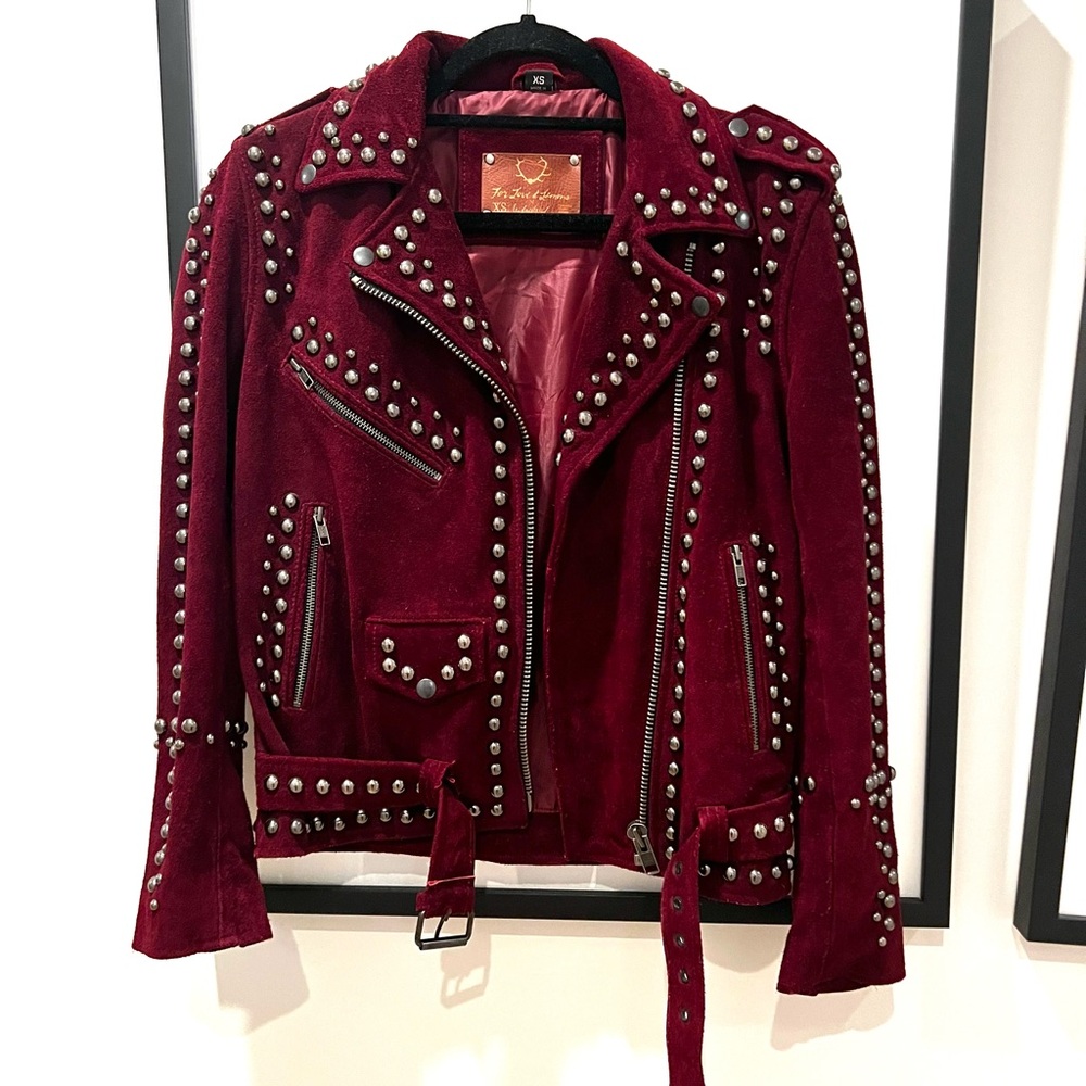 For Love and Lemons “Jameson” burgundy suede studded moto jacket xs